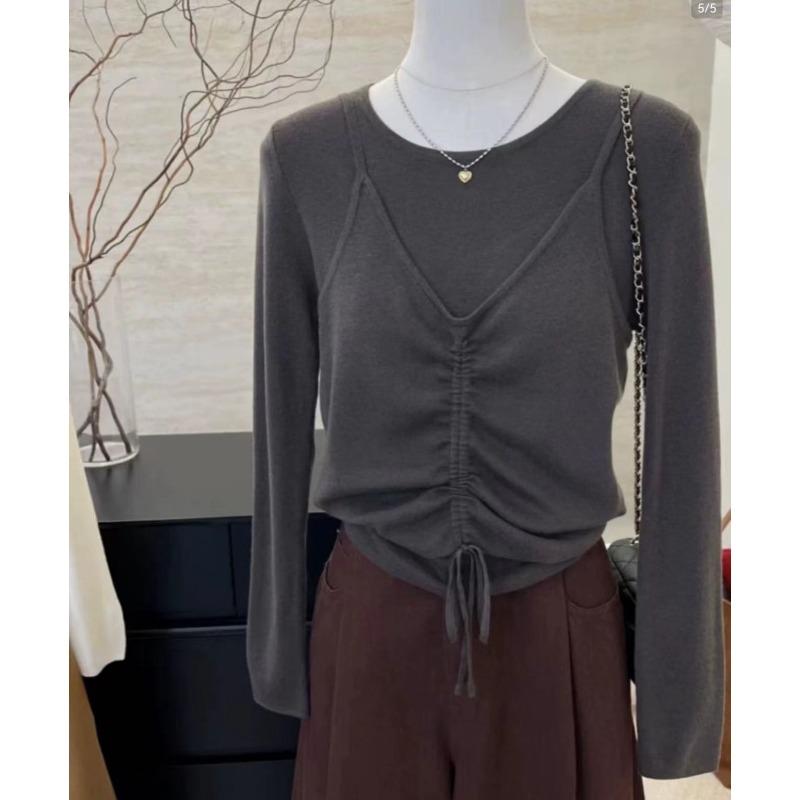 Crew Neck Fake Two-piece Knitted Sweater Women's Autumn New Design Sense Gentle Drawstring Versatile Bottoming Shirt Women