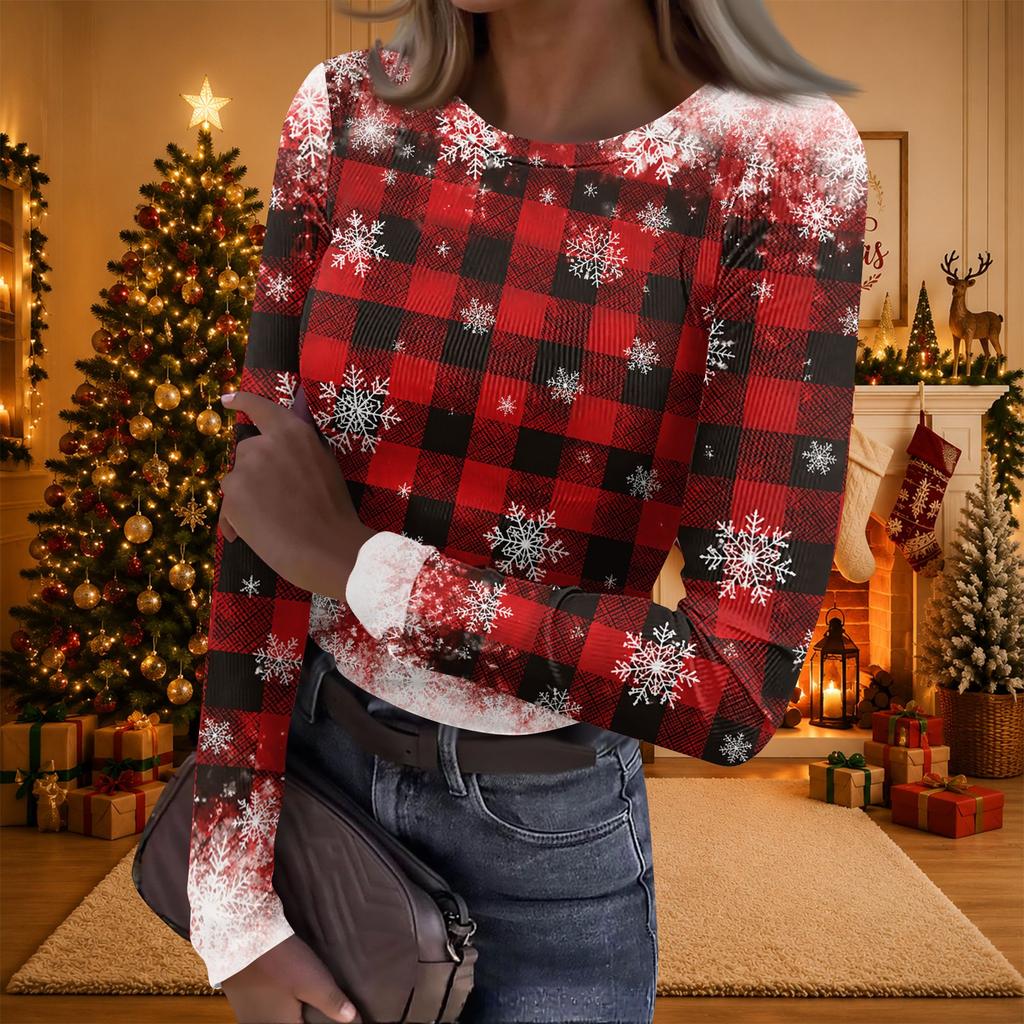 Women's Christmas Print Long Sleeve Round Neck Ribbed Knit Top