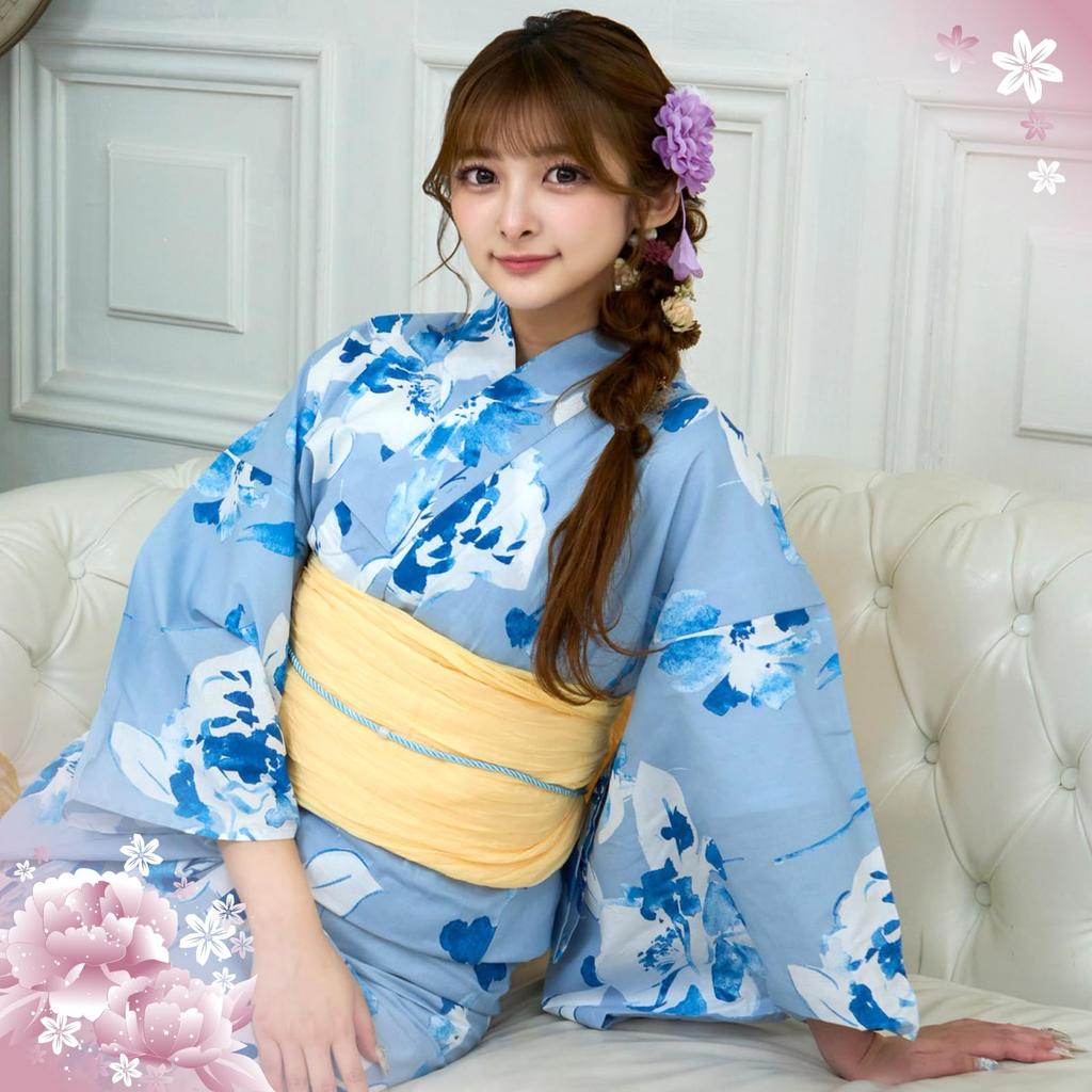RAVIR Yukata White and Blue Bold Floral Fluffy Obi and Geta One Size Fits All Women's 3-Piece Set, Contrast, Pattern, Belt, Sandals, Blue,