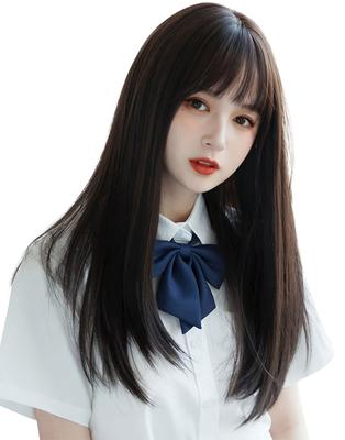 Limakara Women's Semi-Long Gradient Straight Full Wig with Blunt Edges, Natural Black-Brown Hairstyle for a Smaller Face
