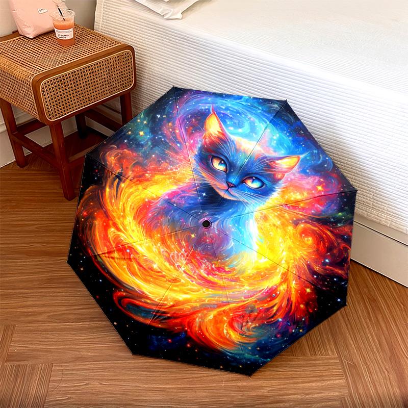 1 PC Automatic Folding Umbrella - Cosmic Cat Pattern, Portable & Foldable Design with 8 Ribs, Christmas Birthday Gifts