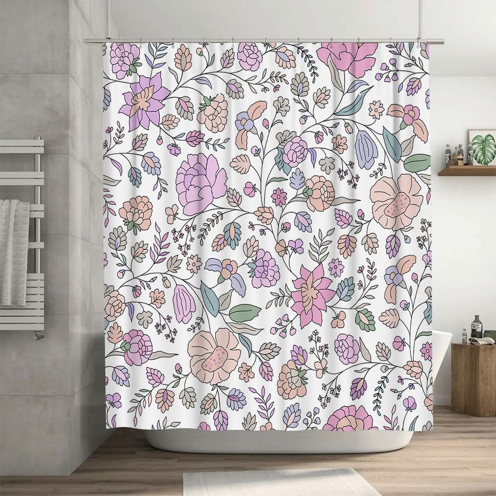 Pink Floral Shower Curtain Set for Bathrooms Decor Bathroom Shower Curtains Waterproof Washable Flower Print Home Decor Gift Siz