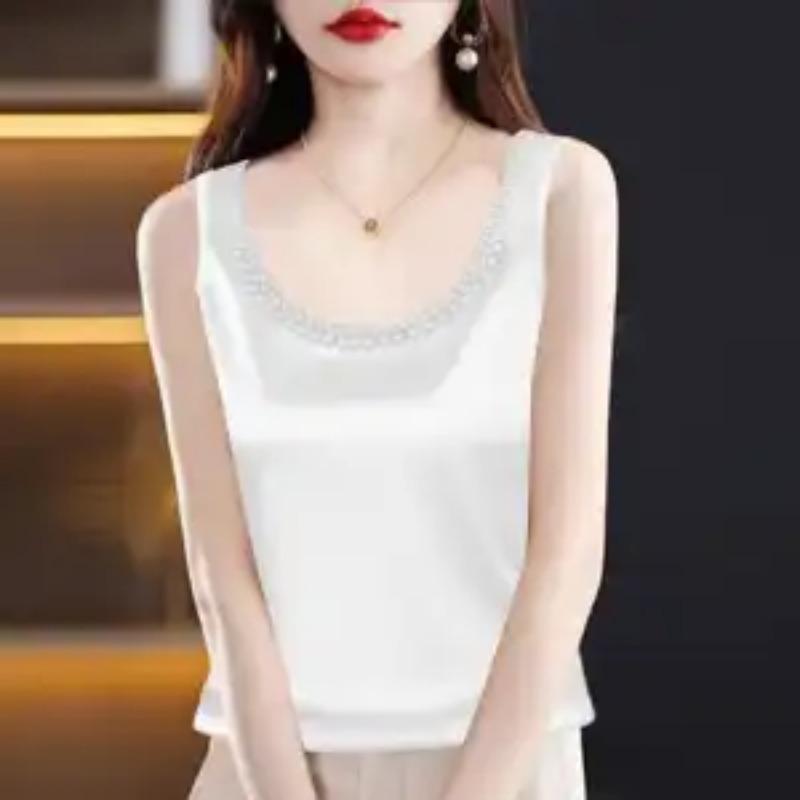 Women's Satin Tank Top - Pearl Embellished U-Neck Sleeveless Blouse