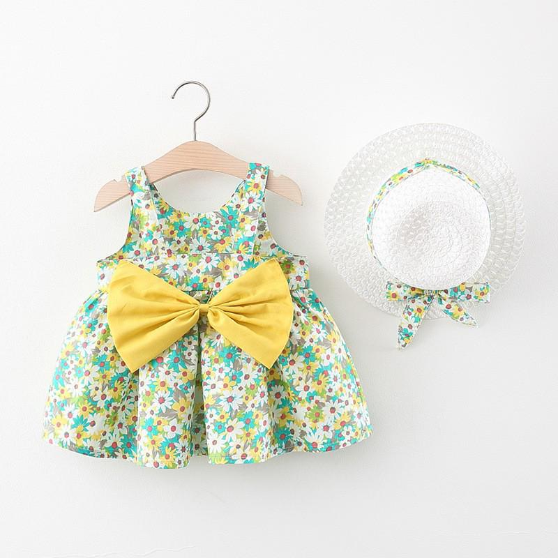 A749 Summer Baby Girl Princess Dress with Big Bow & Flower Skirt, Includes Hat, for Ages 1-4