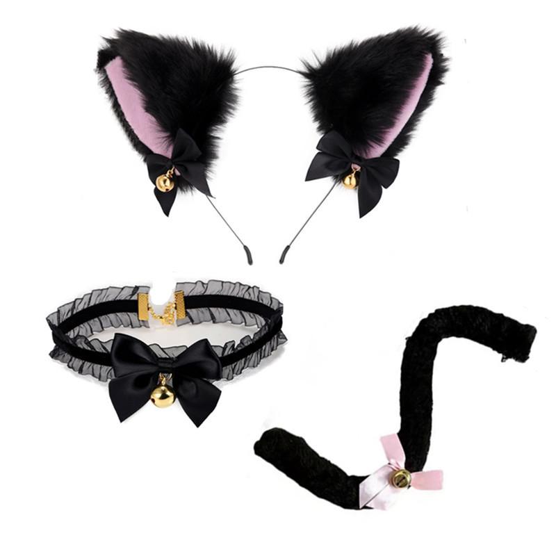 Cat Ear Bell Headband & Choker Set with Tail - Halloween Party Accessories
