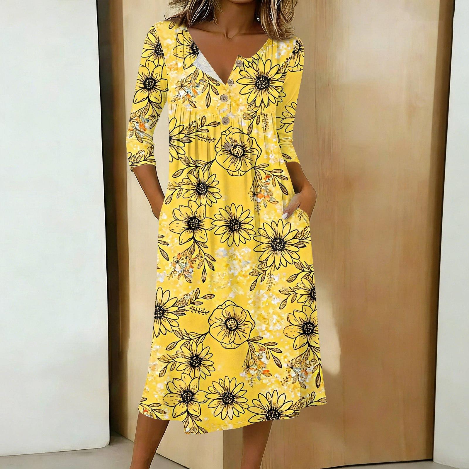 

Жіноча повсякденна сукня середньої довжини з 3/4 рукавом на ґудзиках XXL жовтий