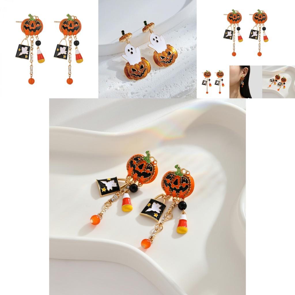 Creative Stylish Halloween Pumpkin Skull Tassel Earrings With Sparkling Zircon Stones For Women