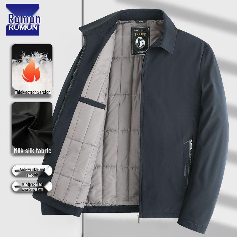 Romon Men's Quilted Turn-Down Collar Fleece-Lined Jacket - Autumn/Winter Style, Ideal for Middle-Aged and Elderly