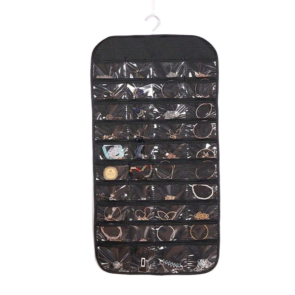 

1PC-80 Grids Storage Bag Jewelry Storage Hanging Bag Ring Necklace Earrings Organizer Non-woven Double-sided Necklace Jewelry Ba чёрный