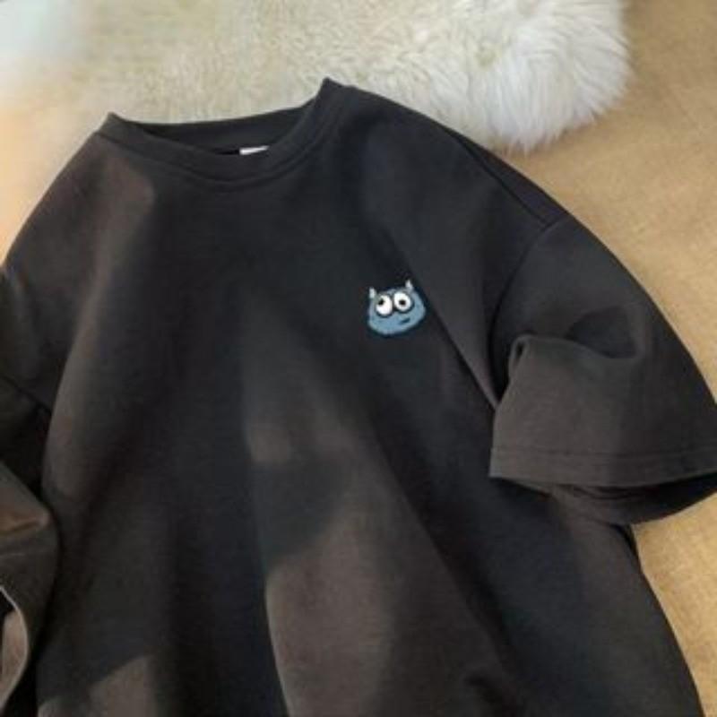 

8XL Men Oversize Fashion Loose American Vintage Plush Little Monster Print Short Sleeve Round Neck Versatile Trend Couple outfit 4XL