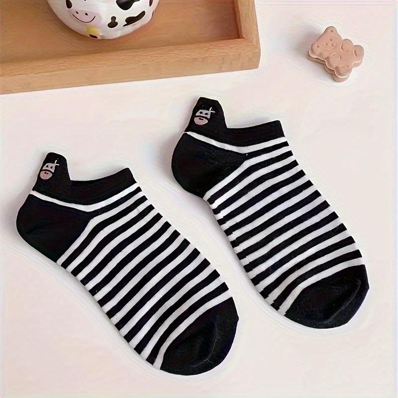 5 Pairs Women's Cartoon Cow Print Non-Slip Ankle Socks, Black/White Color, Airy Cozy, Gentle Low-Cut Socks, Casual Style