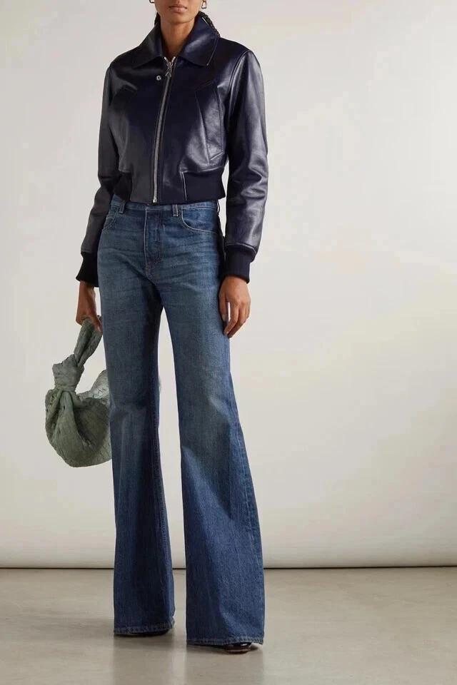 Stylish Women's New Navy Blue Genuine Lambskin Leather Jacket Biker Motorcycle