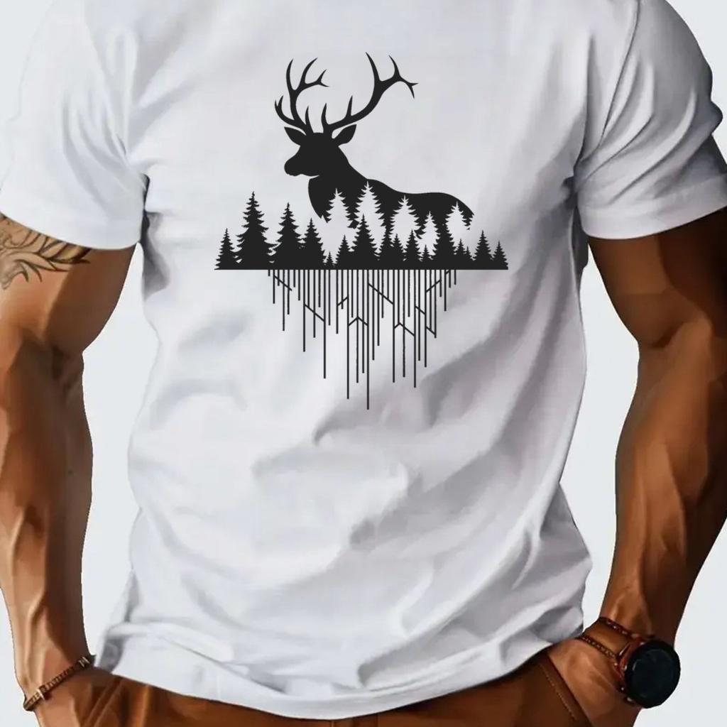 Men's Cotton Nordic Deer Print T-Shirt Relaxed Fit Breathable Summer Tee with Forest Scene Design Machine Washable Casual Top