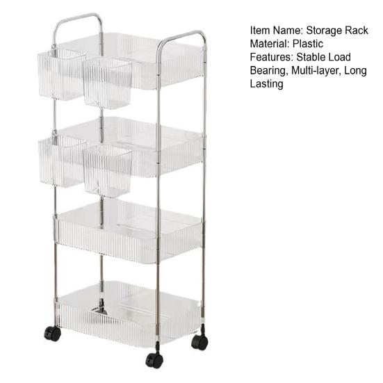 4 Layer Mobile Storage Shelf with Hanging Baskets Wheels Design Large Capacity Sundries Organizer Transparent Bathroom Shelf