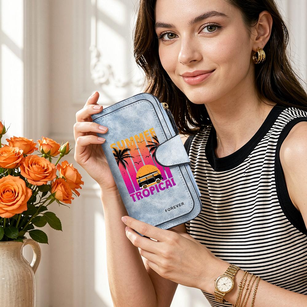 Tropical Summer Printed Long Wallet Retro Fashion Casual Card Holder Portable Daily Use Purse 
