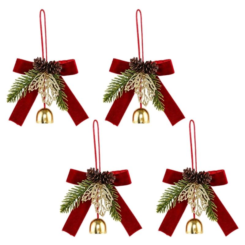 Christmas Tree Decoration Set of 4 Bowknot Bells Ornament with Pinecones, Foliage, Gilded Leaves, and Hanging Cord