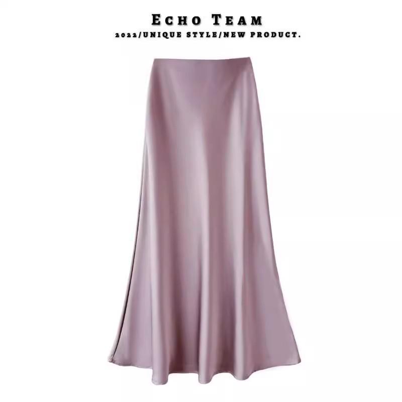 Enhanced Autumn High-Waisted Slimming Midi Skirt for Women in Acetate Satin Fabric. Please view the product before ordering.