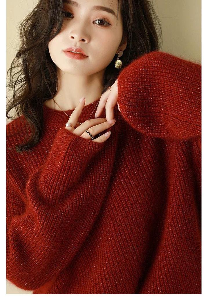 European Style Red Glitter Wool Sweater for Women - Round Neck, High-End, Thickened, Autumn/Winter