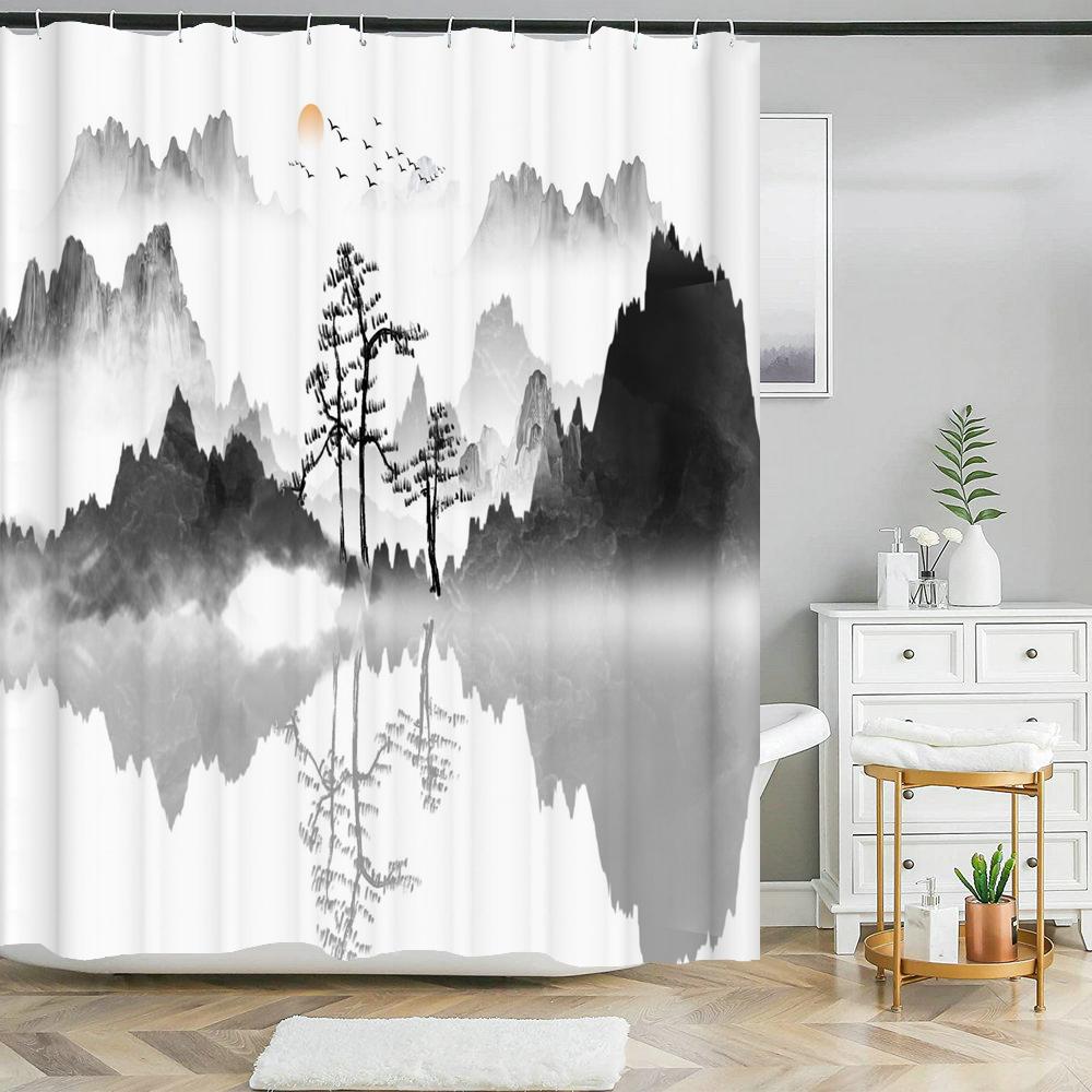 Chinese Ink Painting Landscape Bath Curtain Waterproof Shower Curtains Marble Pattern Bath Screen Printed Curtain For Bathroom