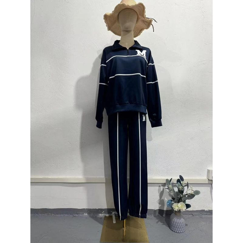 

Fashion Loose Sports Stripes Top and Trousers Suit Loose Striped Top and Pants Set Navy XXL
