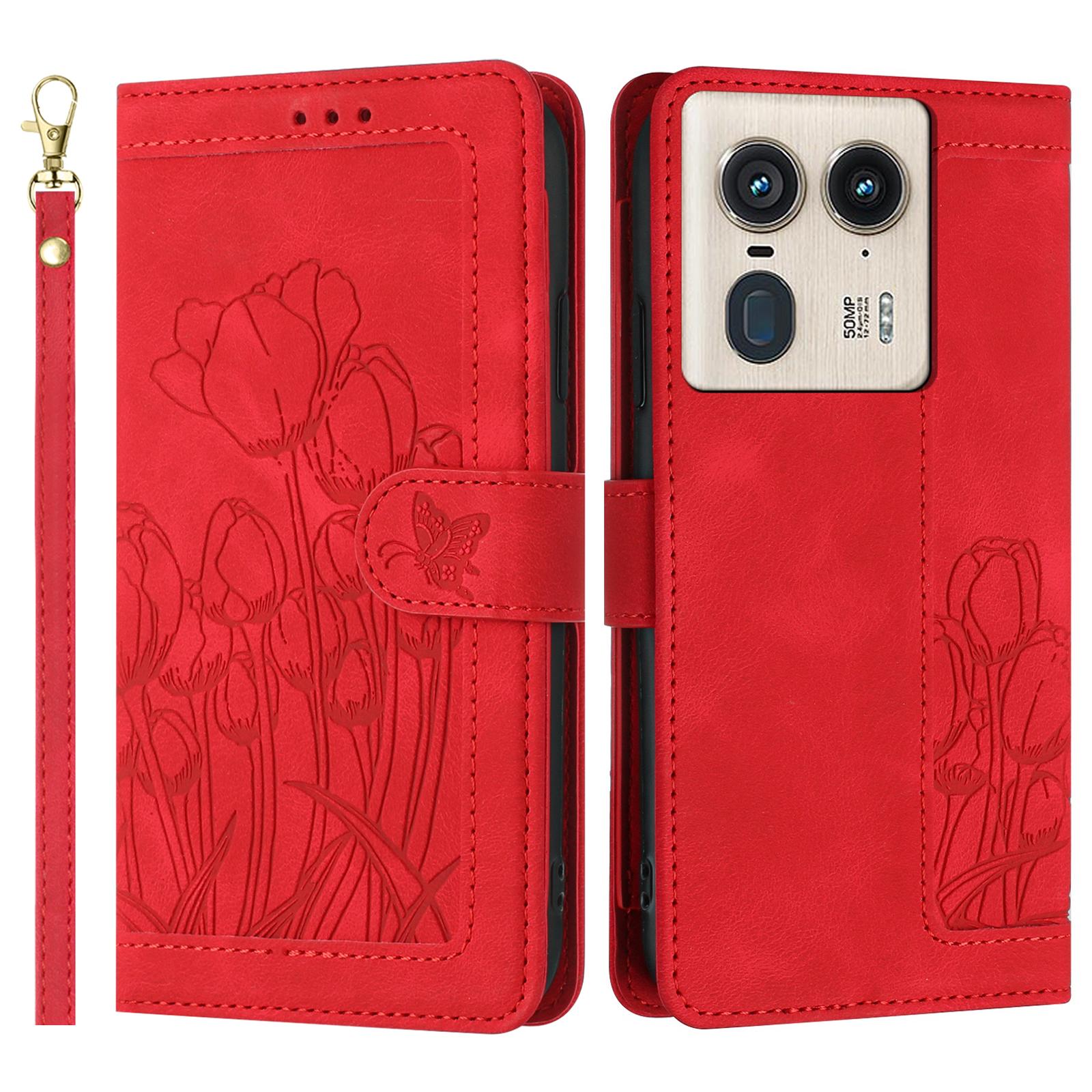 

For Motorola Moto X50 Ultra 5G/Edge 50 Ultra 5G Tulip Leather Case Phone Cover with 5 Card Slots Wallet Red