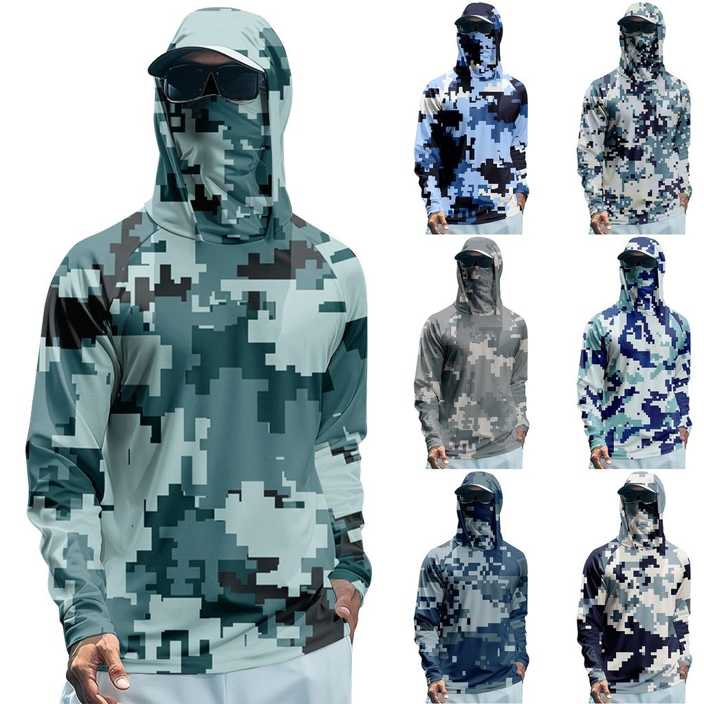 Herren Sommer Camouflage Schnelltrocknendes Langarm-T-Shirt Sonnenbekleidung Angeln Fitness Sport Kapuzen-Langarm-Top