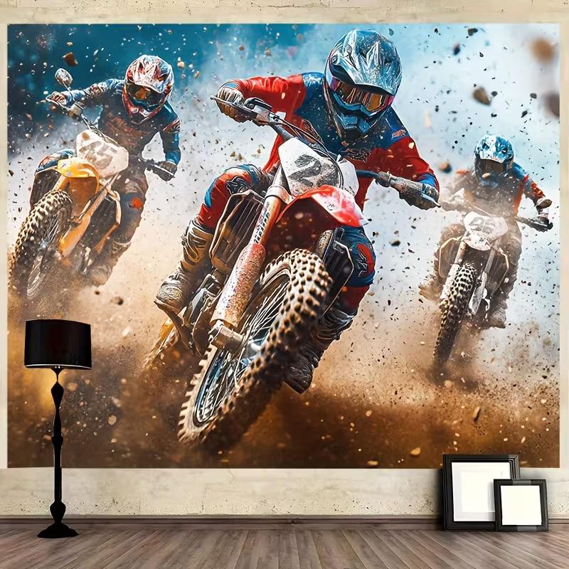 2D Dirt Bike Race Tapestry, Extreme Motocross Rider Background 47.2x31.5inch/120*80cm