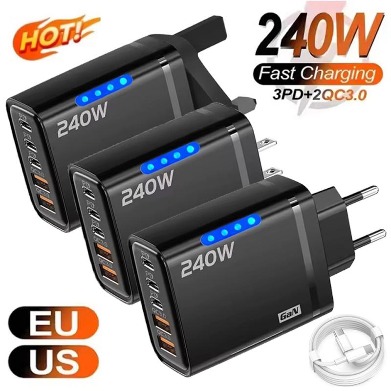 5 in 1 GaN USB C Desktop Charger 240W Fast Charge Phone Adapter Type C Cable For iPhone Samsung Xiaomi EU/US/UK Plug Charger