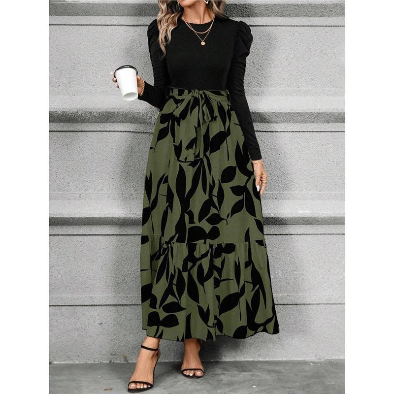 Women's clothing autumn explosion floral printing crew neck long-sleeved dress exotic vacation style elegant even