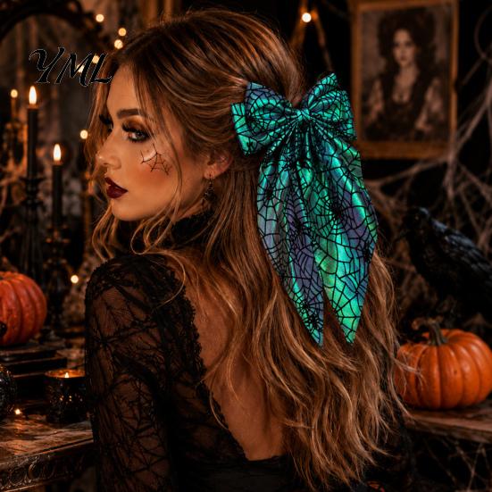 Holiday Themed Hair Accessories for Women Halloween Bow Clip Girls, Spider Web Barrettes Chic Satin Bows with Streamers Clips, Large Bowknot