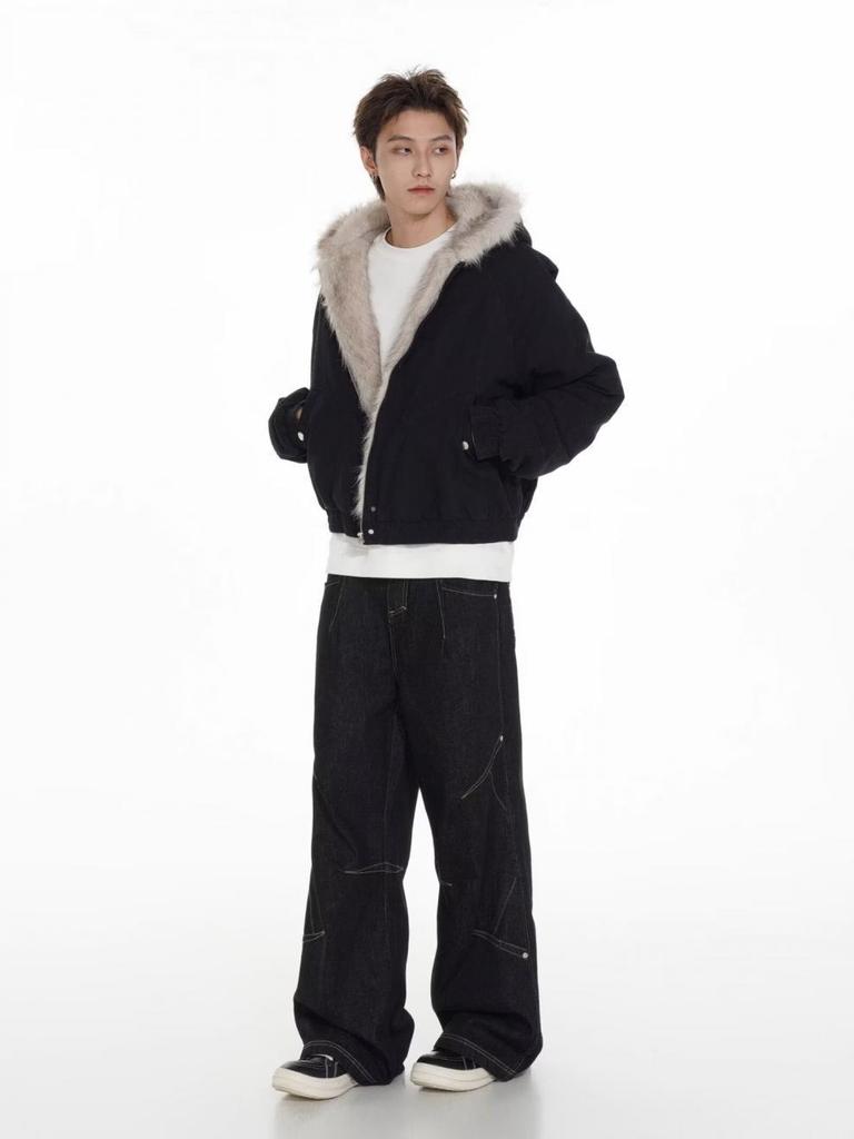 Unisex Retro Deconstructed Silhouette Fur Collar Hooded Jacket for Autumn/Winter