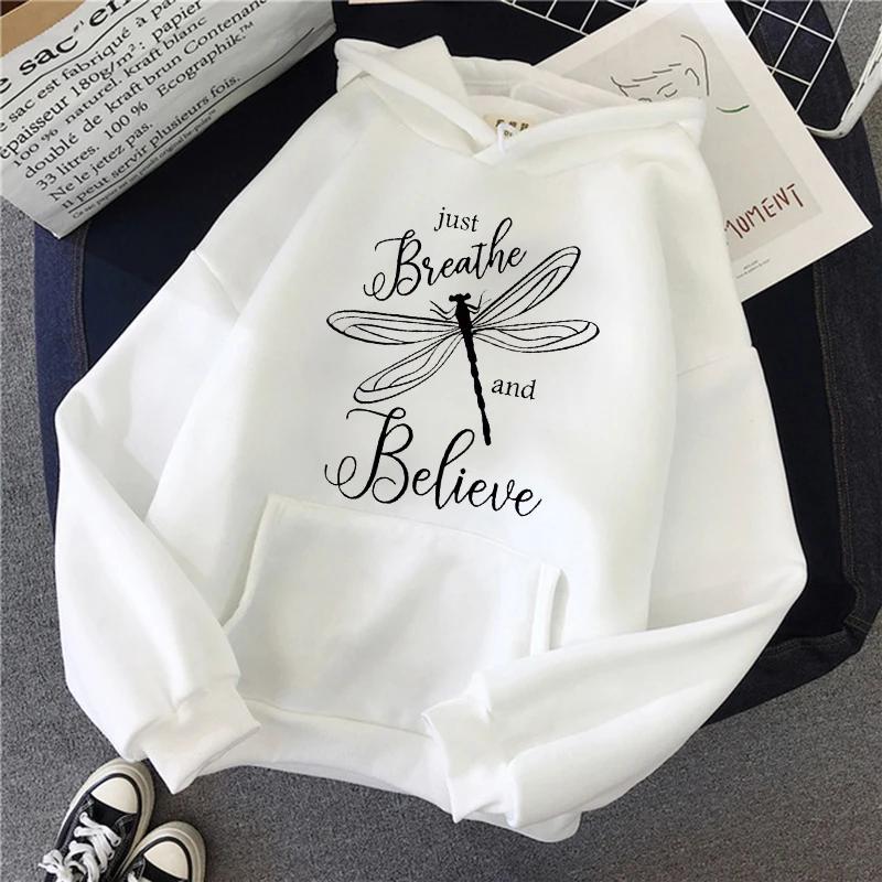Women's Casual Dragonfly Sweatshirts Gothic Y2k Hoody Pullovers Just Breathe Believe Design Graphic Hoodies Streetwear Clothes