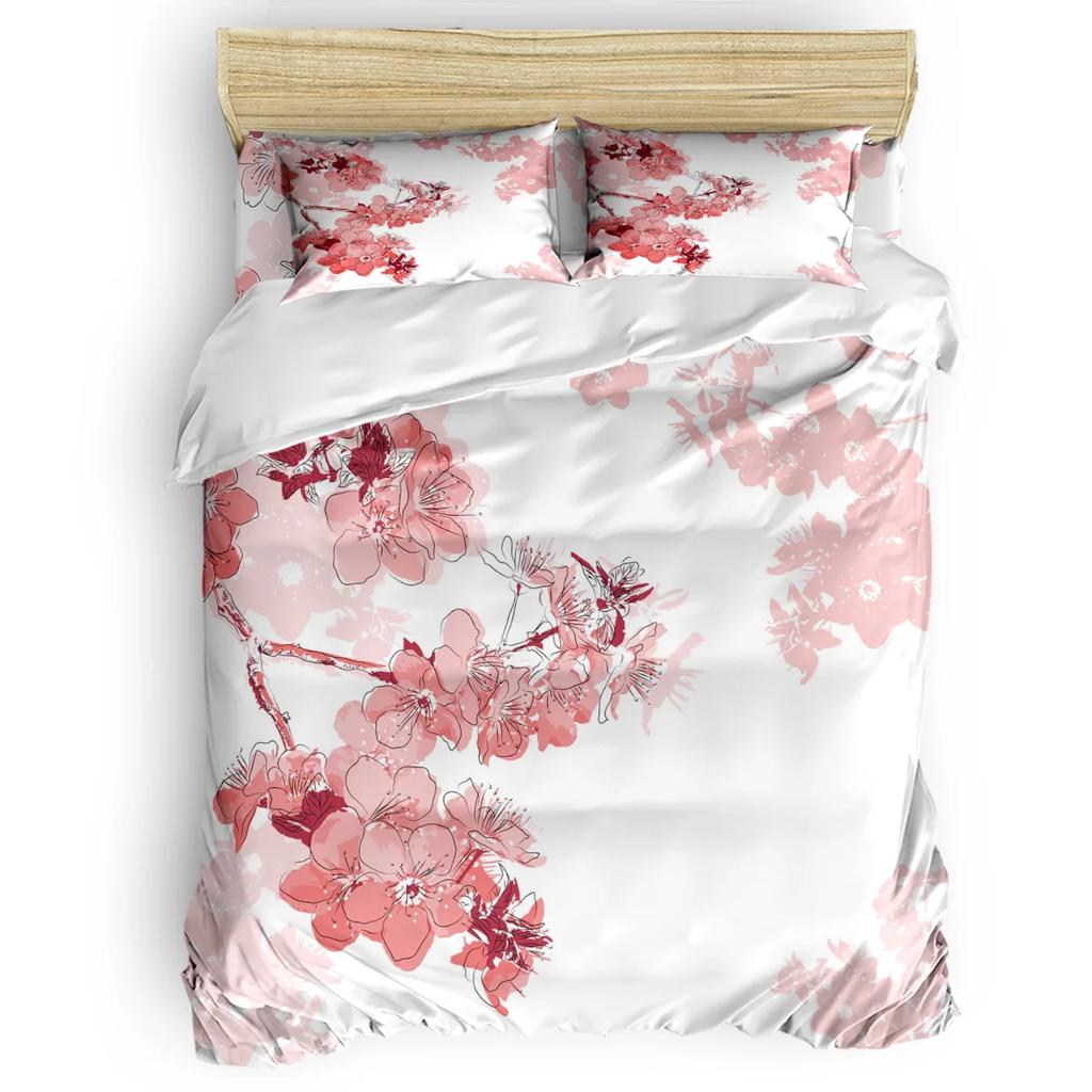 Set husă de plapumă roz pal, Ramură de Sakura cu flori de cireș Primăvară japoneză delicată, Set de lenjerie de pat decorativ din 3 piese, Mărime king