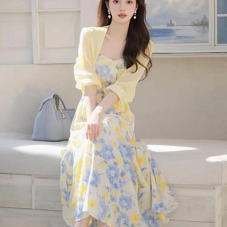 Summer 2026 Floral Slimming Cardigan & Camisole Two-Piece Dress Set for Women