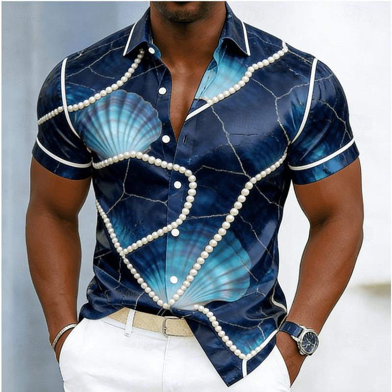 Men's Marble Geometric Line Print Short Sleeve Shirt, Spring Summer Luxury Casual Commute Blouse, Loose Casual Top