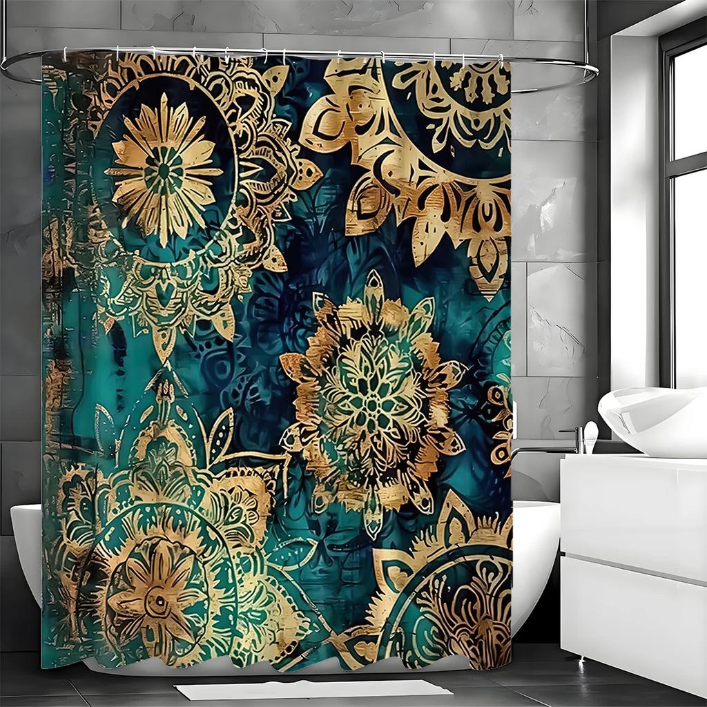 Gold Floral Green Shower Curtain, Bathroom Decorative Shower Curtain, Waterproof Shower Curtain with Hooks