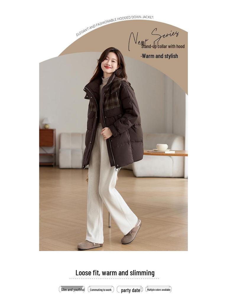 2024 Women's Fashionable Hooded Down Coat: Mid-Length, Lightweight, Patchwork Design