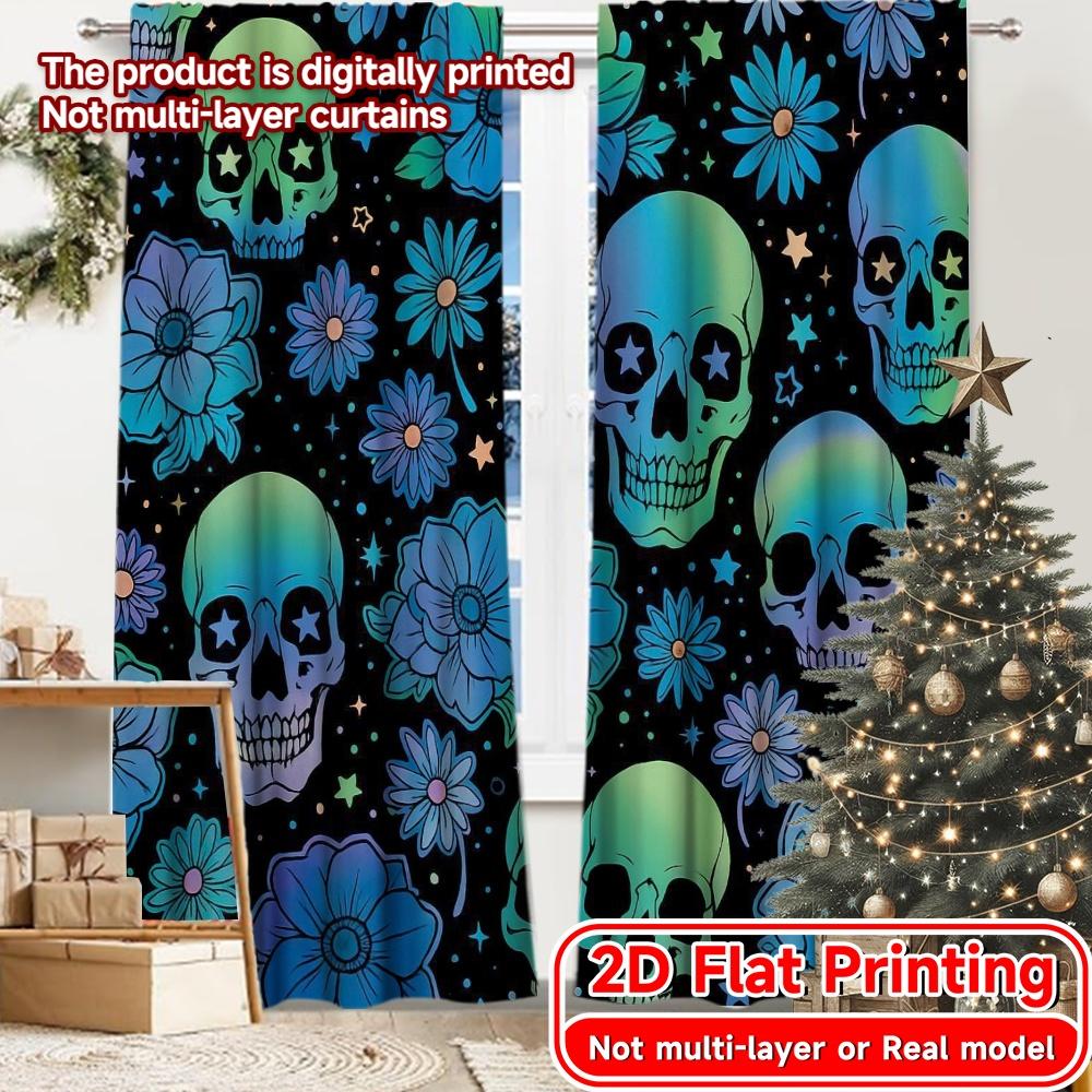 

Set Of 2 Flat Printing Curtains Without Rod Floral Skullscape Holiday Halloween Christmas Printed Fabric Curtain Made Polyester W100*H70(CM)-Hooks&2PCS