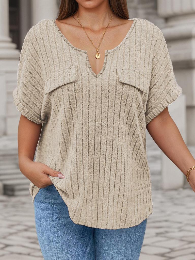 2026 Spring/Summer Plus Size Women's V-Neck Short Sleeve Solid Color Pullover T-Shirt
