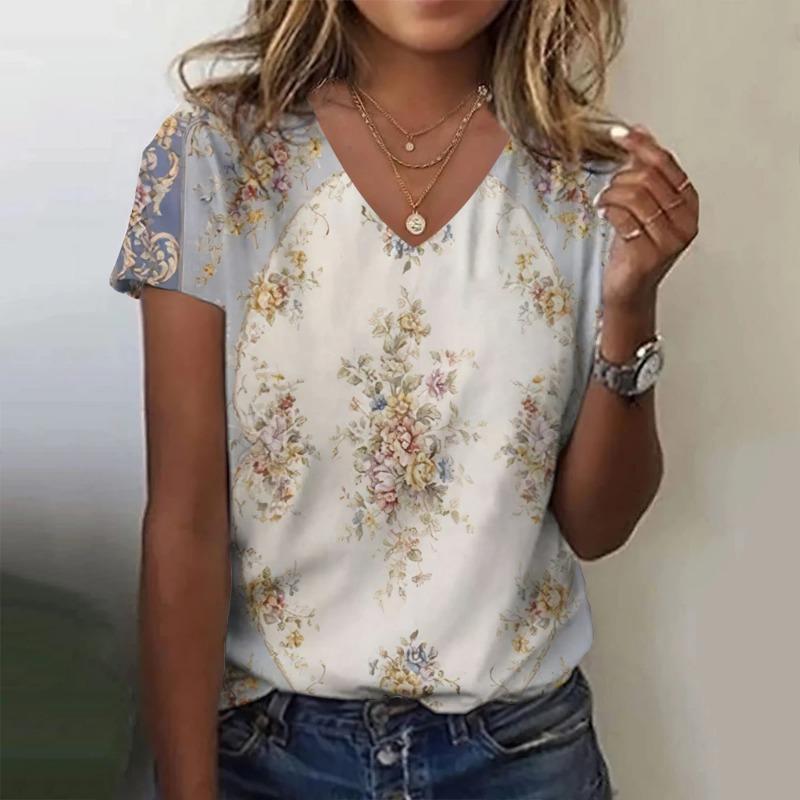 2024 Summer Breathable Comfortable Vintage 3D Floral Print V Neck Shirt Daily Home Short Sleeve T-Shirt Plus Size Women's Tops