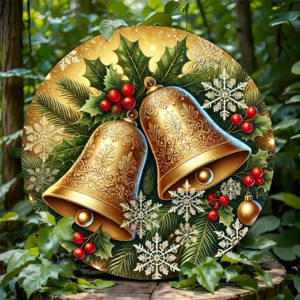 Metal Christmas Bell Round Sign Holiday Decor Vintage Home Wall Art Gift