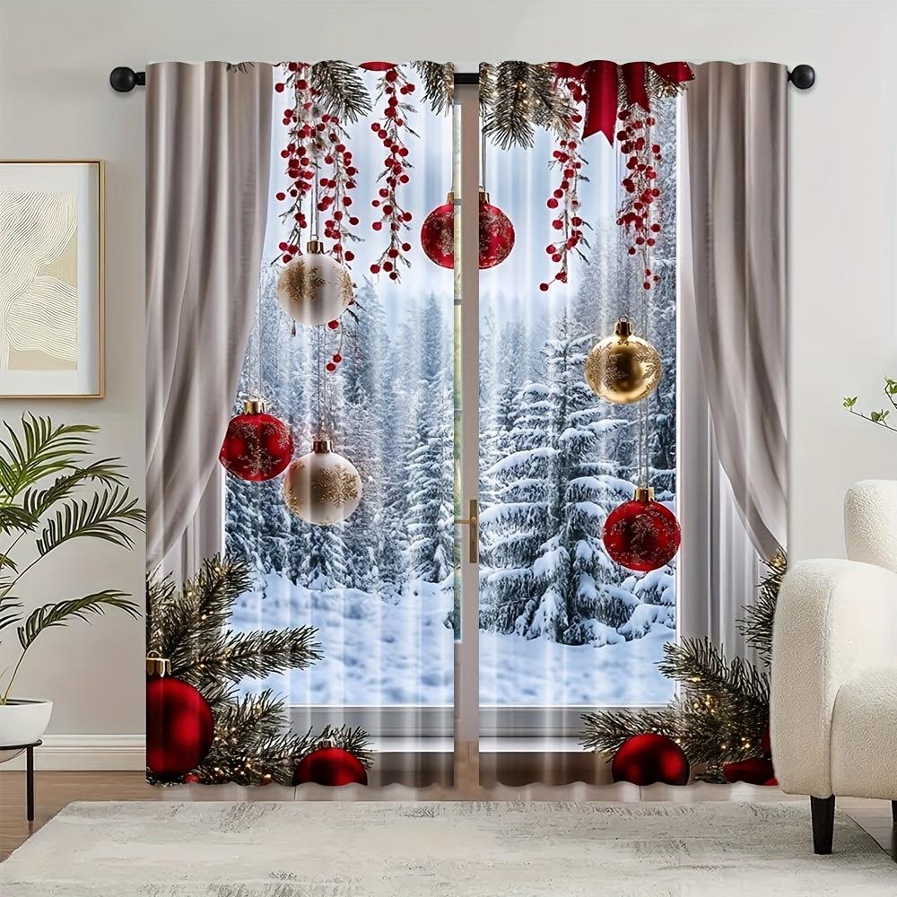 2pcs Red Christmas Curtains – Winter Theme for Living Room   Bedroom & Study