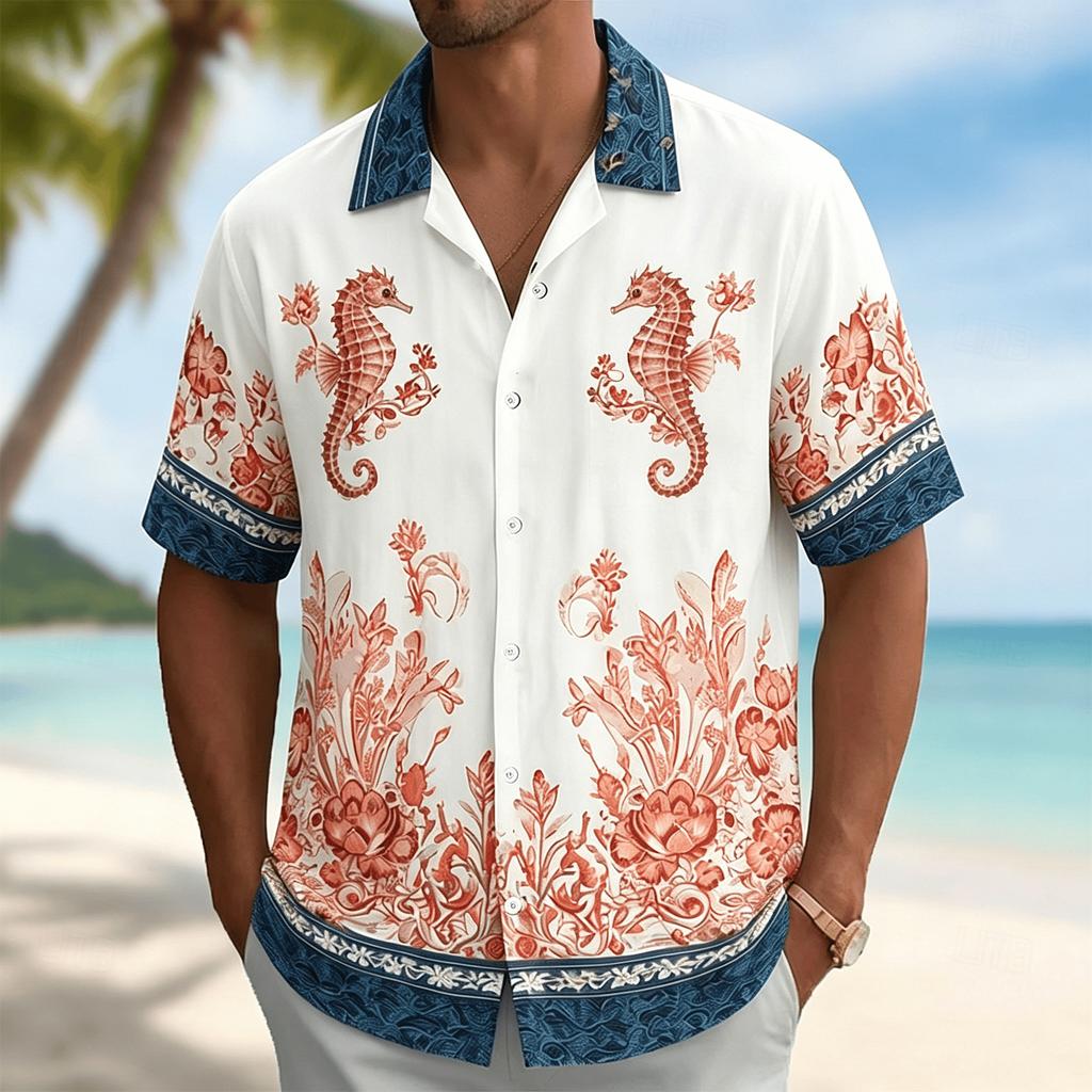 Men's Shirt Marble Golden Floral Print Short Sleeve Button Down Shirts Camp Collar Summer Beach Casual Tops Men Clothing