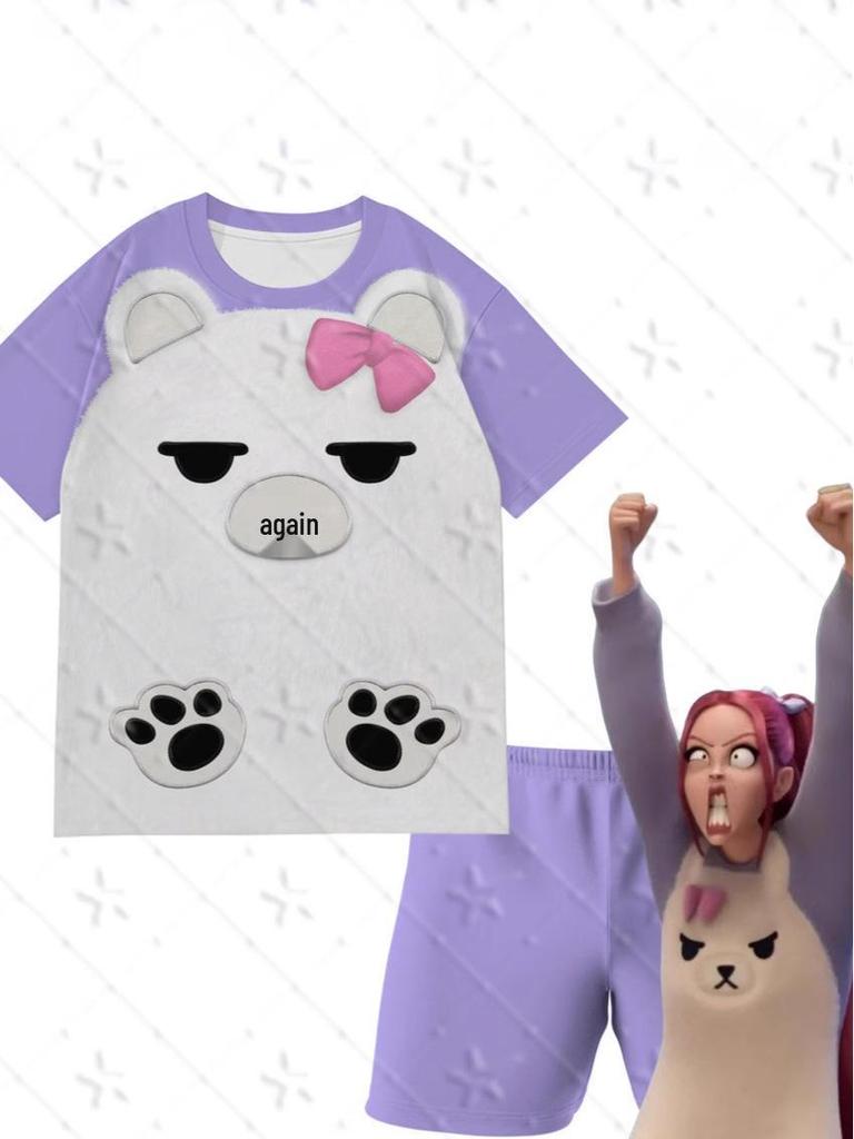MIRA Kpop Dämonenjäger Pyjama-Set - Lila Bär Cosplay für Kinder, Kurzarm & Shorts