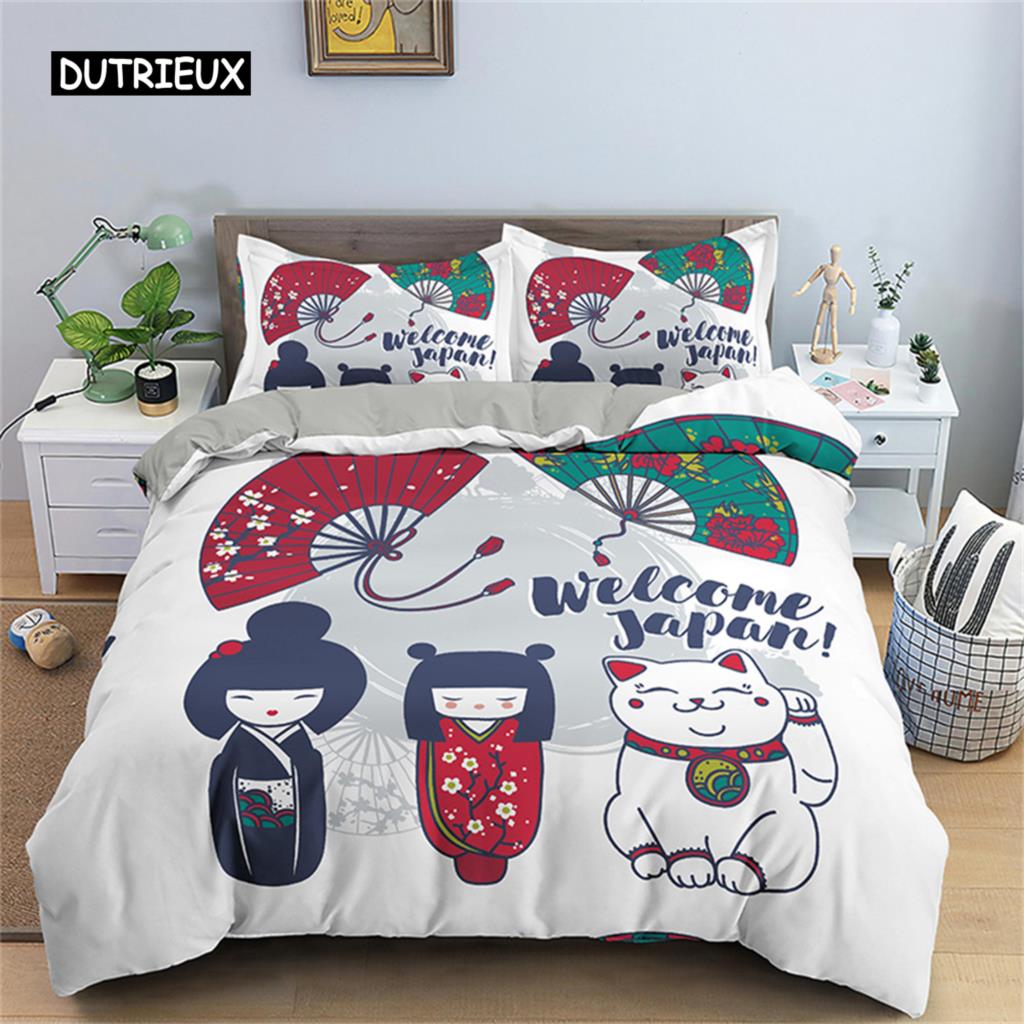 Duvet Cover Geisha Doll Lucky Cat Japanese Culture Theme Bedding Sets Quilt Cover for Bedroom Decoration for Children Women Girl