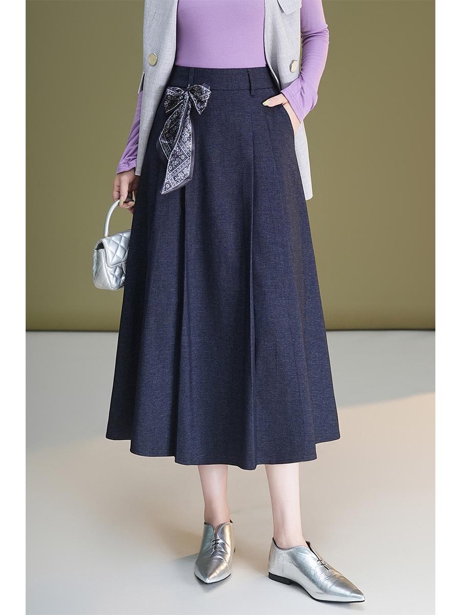 

Autumn Silk Scarf Bow A-Line Pleated Skirt for Women 3XL темно-синього кольору