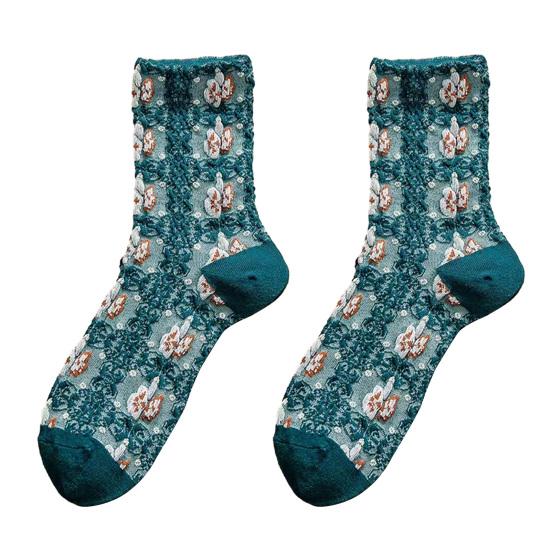 

1 пара женских осенне-зимних носков-трубочек в стиле ретро, ​​дворцовый стиль, тисненый жаккардовый дизайн, эластичные теплые праздничные носки средней длины B