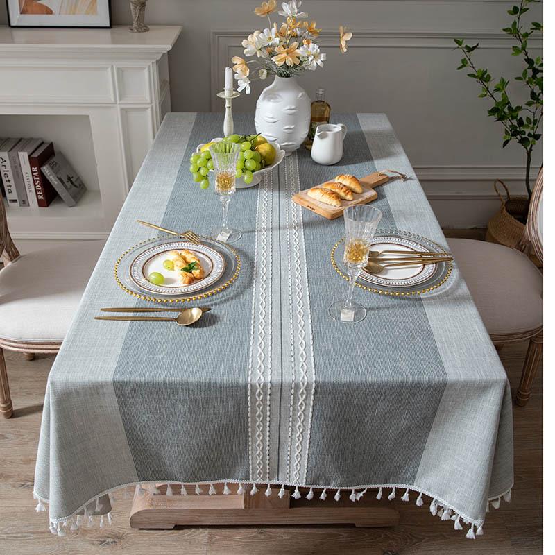 Flying Cat Coffee Striped Knitted Jacquard Rectangular Tablecloth Beige Fringed Cover