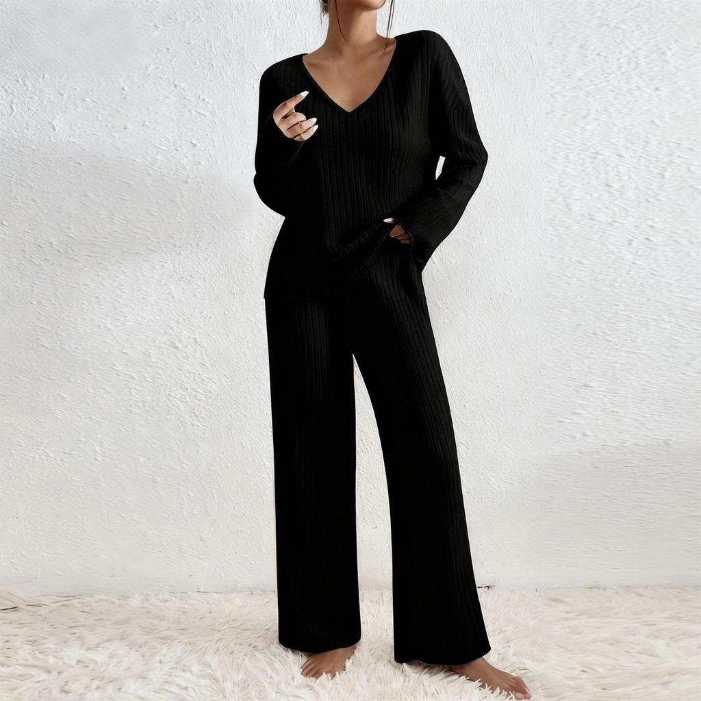 Women's V Neck Long Sleeve Knit Set Wide Leg Pants Two Piece Outfit Multi Colors