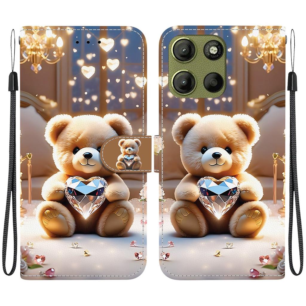 Handmade PU Leather Flip Case for Motorola Moto G15 Anti-Slip Shockproof Cover with Wrist Strap & Heart/Rose Cat Designs